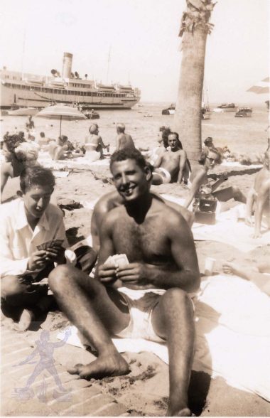 1940s Vic Levy & Joe Benon playing cards on Avalon beach